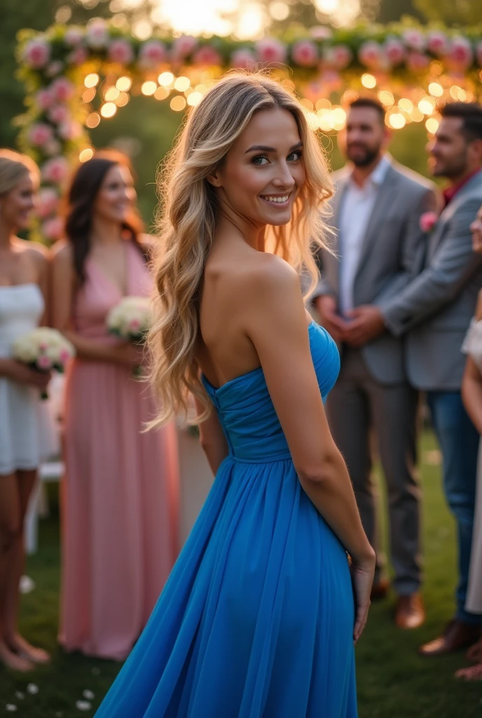 Create a realistic image of a 20 year old woman, long blond hair, blue eyes, cheekbones, ((full body)), dressed in a blue colored cocktail dress, surrounded by her family in a wedding, back image shot: a wedding, head to toe, full body