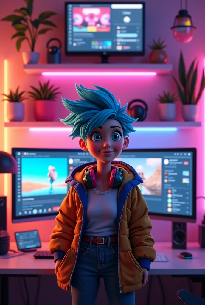 Avatar in a youtube studio with a tv, a computer and facing the camera
