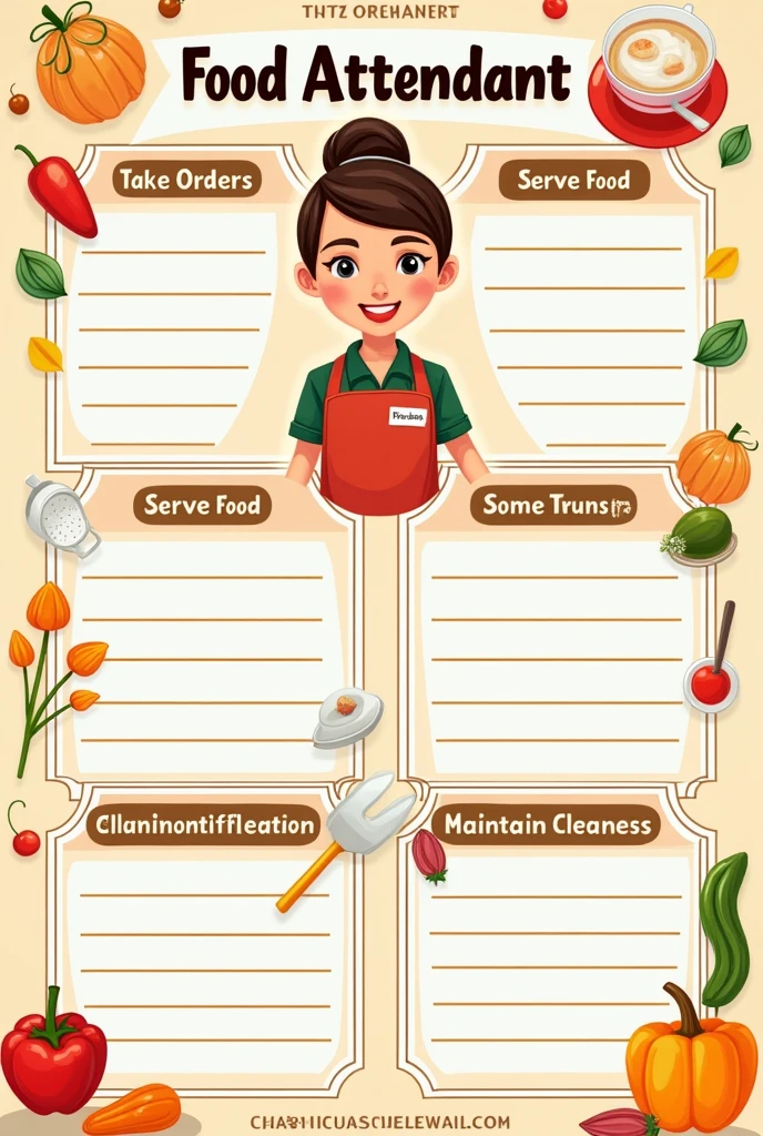 Create a clear and creative graphic organizer that outlines the duties and responsibilities of a food attendant. The design should be unique, simple, and easy to draw, using clip art. Include five duties and five responsibilities, making sure the art is both simple and beautiful.