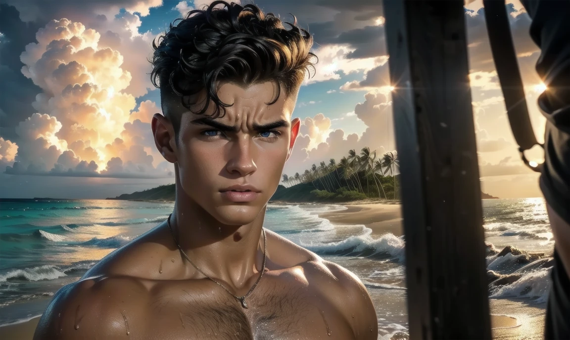 [((highly detailed, detailed eyes, detailed face, clear and realistic facial features, photorealistic, realistic light, cinematic)), ((((2 or 3 men, each man looks unique, each man has a different natural hair color)))), (((sexy male college-age jocks standing on the beach and looking angry or frustrated))), ((wearing weathered casual clothes)), ((wet)), ((beautiful deserted tropical island with a storm in background))]