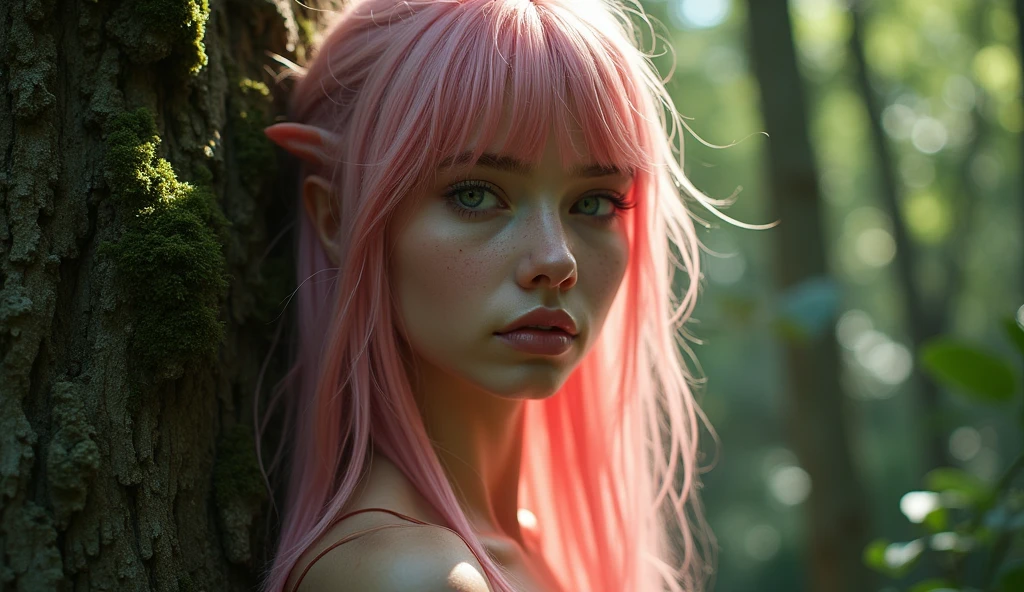 ((perfect anatomy:1.2,realistic:1.3,RAW Photography:1.3,masterpiece、highest quality、Ultra - High resolution、High resolution、Highly detailed CG、8K)),full body,1 female daemon in her teens ((beautiful detailed face and eyes:1.2,big gorgeous eyes:1.2)), pink very long hair, Focus on a stunning, alluring face with captivating eyes, small breasts,slender body,small head:1.5,skinny, (oily skin,gleaming skin,pale skin,sweat:1.2), Body should be overtly sexual, with revealing attire or nudity. Emphasize a sultry, provocative expression. Skin tone should be a pale, pink. Succubus-like features are desired, NSFW not safe for work, show full body, she is leaning against a moss-covered tree trunk,