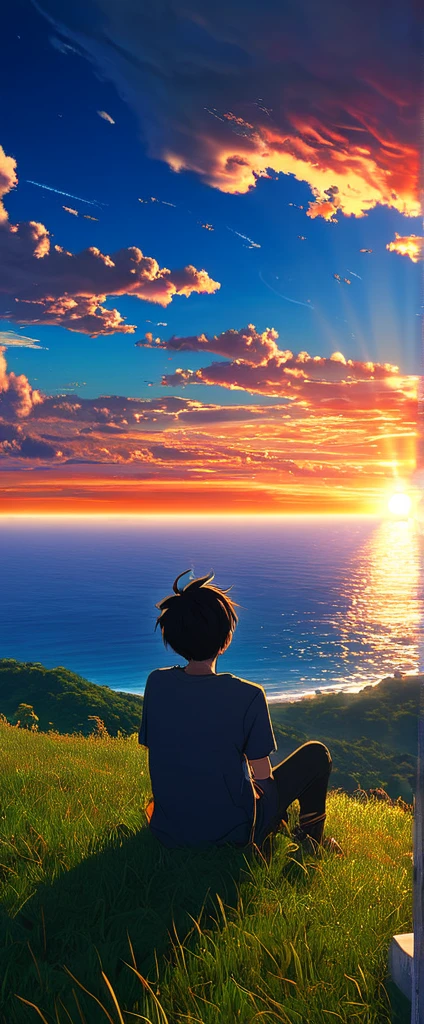 High quality, 8K Ultra HD. The image shows a boy sitting anime watching The terrifying ocean at sunrise from a grassy hill, with a background of vibrant blue sky and red and orange hues of the sun. anime art wallpaper 4k, arte digital de Shen Che-Tsai, pexels, realismo fantástico, entre nubes celestiales iluminadas por el sol, nubes celestiales, cielo asombroso, Atardecer en las nubes, nubes doradas, cielo impresionante, nubes impresionantes, nubes magnificas, nubes brillantes, Nubes al atardecer, cielo en la tierra, luces celestiales doradasanime art wallpaper 4K, anime background, anime art wallpaper 8K, anime art background, anime landscape wallpaper, amazing wallpaper, high quality wallpaper definition,4k animated wallpaper,4k animated wallpaper,Aries Moross art,Bob Byerley art,AshleyWoodArtAI,greg rutkowski