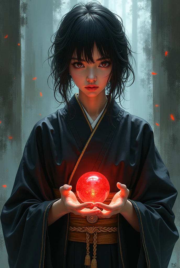 masterpiece, best quality, 4k, UHD, bishoujo, painting, captivating gaze and intricately detailed face, illustration, stunningly detailed, high resolution illustration, radiant red energy ball, 1 women, black hair, deep-set dark eyes, hair slightly tousled, traditional black kimono with golden stripes, expressionless yet intense, dark, atmospheric background reminiscent of Dark Souls, shadowy landscapes with faint glimmers of light, ethereal mist swirling around, softly glowing red energy emanating from his hands, elegant posture, serene yet foreboding atmosphere, mystical energy, (Impressionism:1.4)