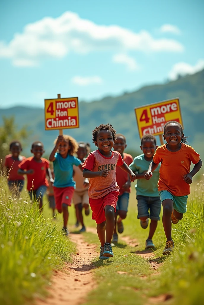 African children running with placards showing 4more Hon Chinnia 