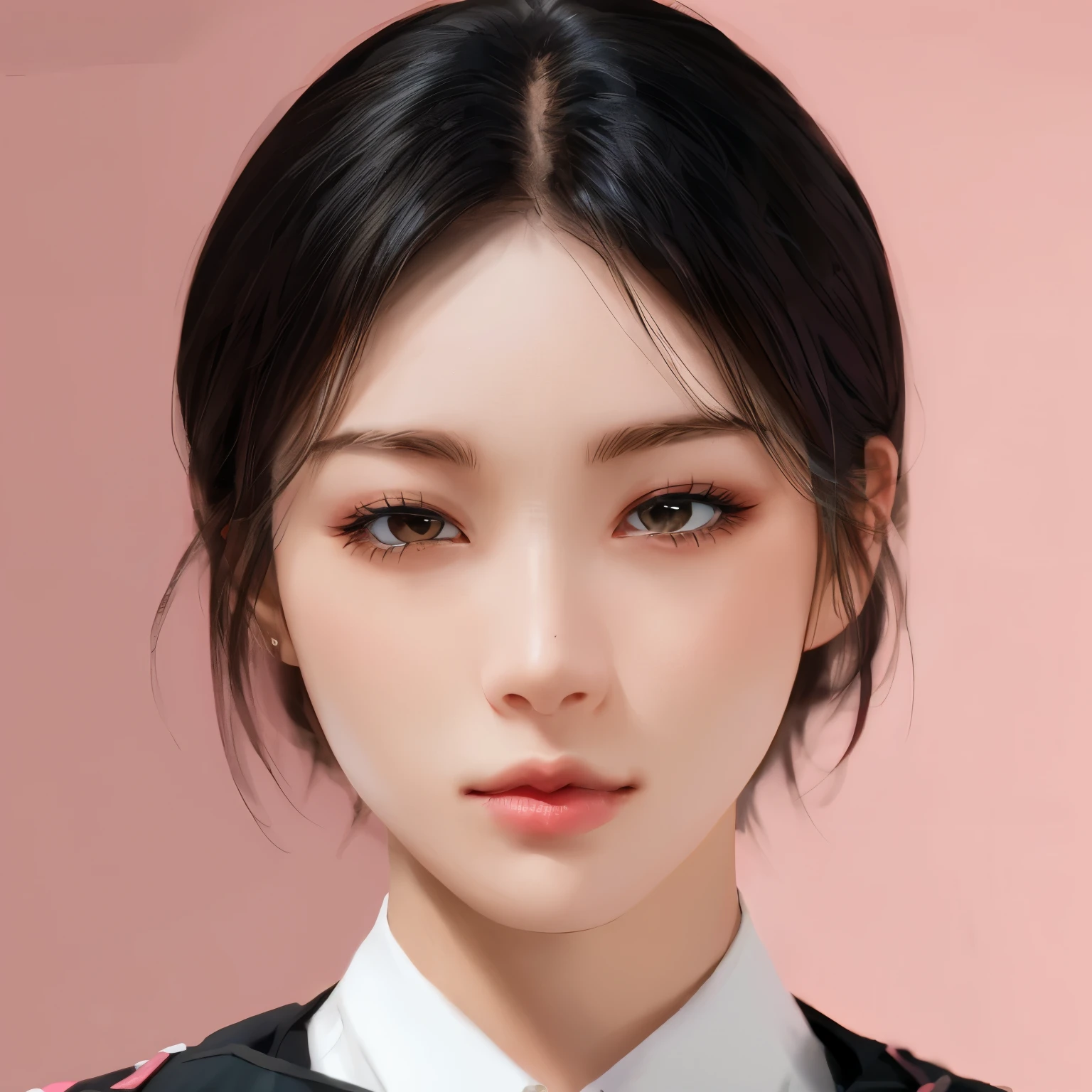 Short hair, pink background, hyper realistic lifelike texture dramatic lighting unreal engine trending on art station, suspicious photo, Nikon RAW Photos,8 thousand, Fujifilm XT3,masterpiece, best quality, realistic, photorealistic, very detailed, very detailed 얼굴, alone,1 woman, standing, Fashionable and trendy atmosphere, Advanced makeup products, And a sophisticated look on her face, enlargement, Pink T-shirt, closed mouth, closed mouth술,