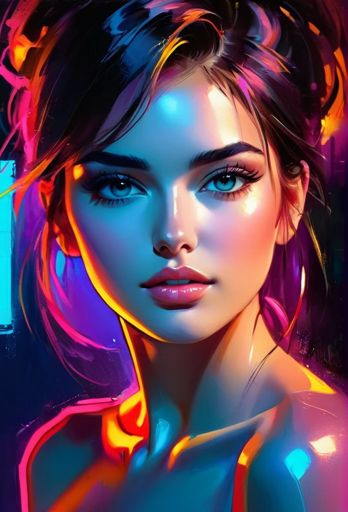 neon light, digital painting, perfect face, glossy skin, conceptual portrait 4k, dynamic lighting, super detail, detailed image, complex background, oil paint, style of Paul Kenton, Jim Mahfood, Henry Asensio,