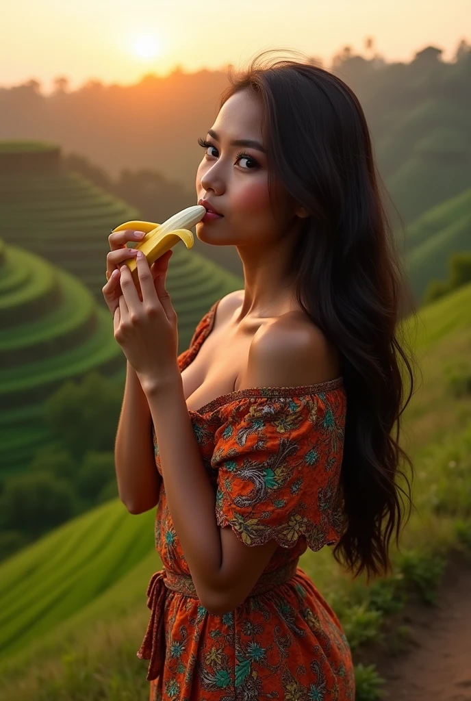 A beautiful Indonesian woman in her 30s、Looking deliciously forward、With an erotic look、Open your mouth wide and eat a peeled banana、eating。Background、Please recommend a famous tourist spot in Indonesia.。9:In 16 sizes、Highest quality、I want a masterpiece