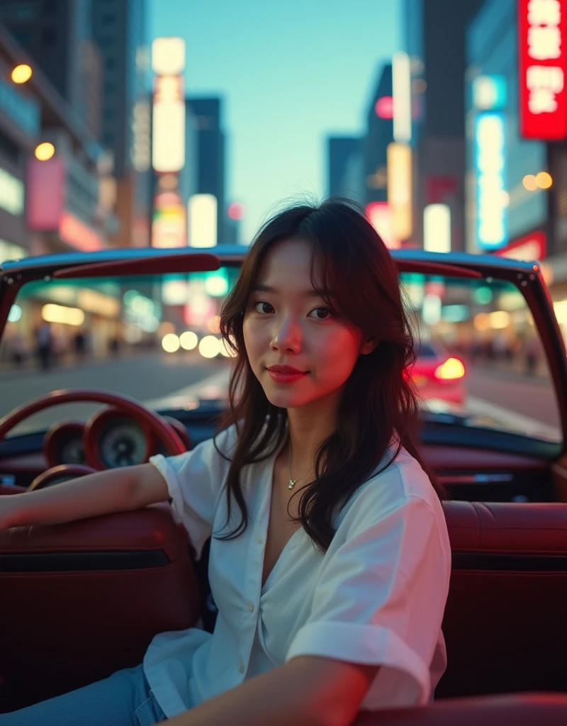 photo-realistic, ultra-realistic, very beautiful Japanese university student girl, famous Japanese idol, 25 years old, driving a convertible car of Mercedes, dramatic scene, masterpiece, (face focus:1.3), beautiful eyes,