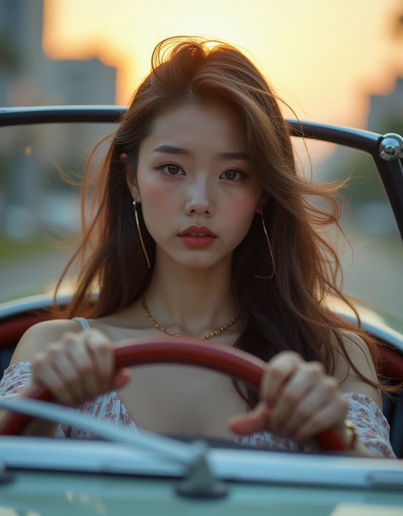 photo-realistic, ultra-realistic, very beautiful Japanese university student girl, famous Japanese idol, 25 years old, driving a convertible car of Mercedes, dramatic scene, masterpiece, (face focus:1.3), beautiful eyes,