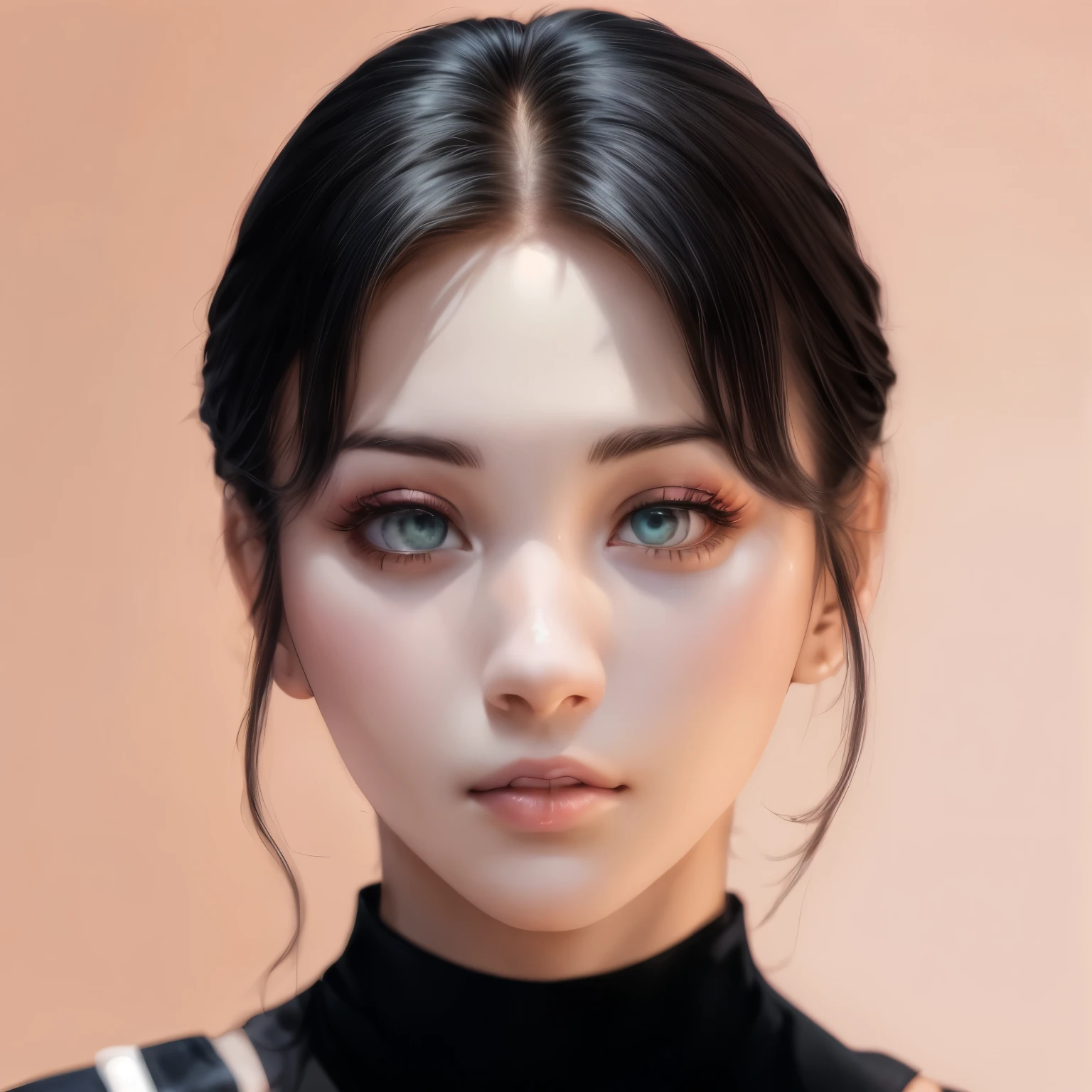pink background, hyper realistic lifelike texture dramatic lighting unreal engine trending on art station, suspicious photo, Nikon RAW Photos,8 thousand, Fujifilm XT3,masterpiece, best quality, realistic, photorealistic, very detailed, very detailed 얼굴, alone,1 woman, standing, Fashionable and trendy atmosphere, Advanced makeup products, And a sophisticated look on her face, enlargement, Pink T-shirt, closed mouth, closed mouth술, looking at viewer,