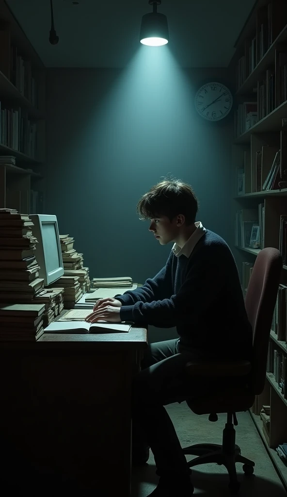 A dark room with a single spotlight illuminating a person sitting at a desk, surrounded by books, papers, and a computer. The sound of a ticking clock echoes in the background