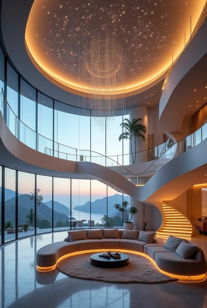 a luxurious, modern interior with a spacious, open design. The ceiling is adorned with star-like lighting, creating a magical, starry sky effect. There is a sleek, curved staircase that winds up to a second level, with soft, warm lighting accentuating its curves. The room has large, floor-to-ceiling windows providing a view of the outside, and a stylish, comfortable sofa is positioned in the living area. The overall atmosphere is elegant and futuristic, with smooth, flowing lines and a sophisticated lighting scheme.