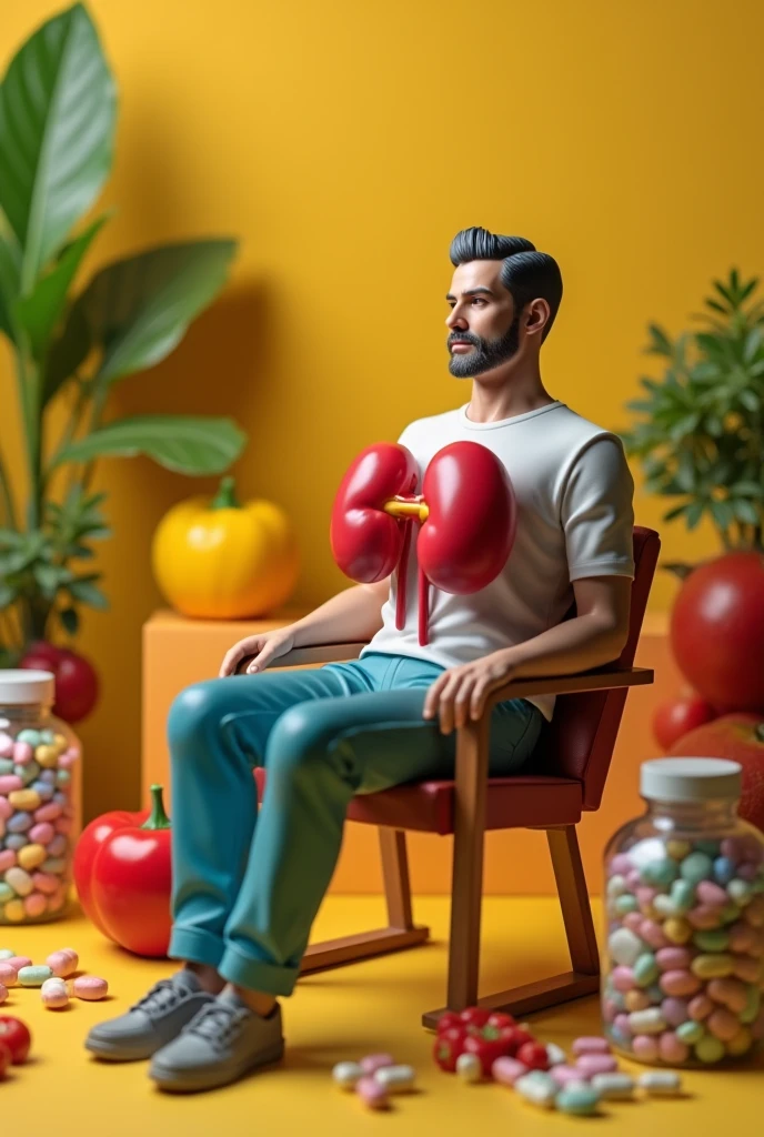 Plastic 3d model of 40 year old Man sit on chair side on pitcher human body kidney big size On Man
, on the background
of medical jars with vitamins and capsules,Fruits and vegetables
real light photo with yellow shades