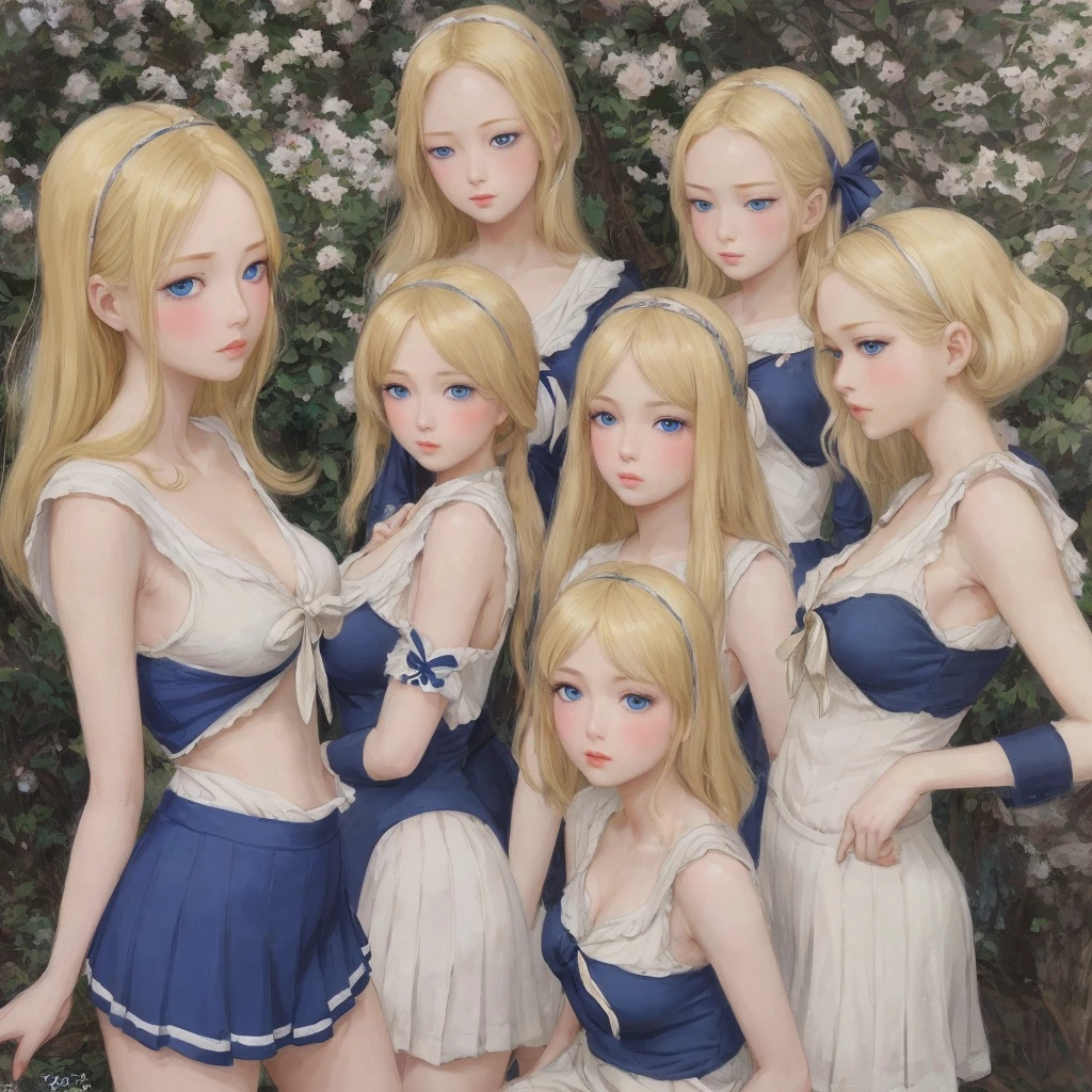 5 girls,Group long blonde hair, blue eyes,Hanging eye 1930s European style, high quality, 18 years old, Big breasts , beauty的腿, Sailor suit short top and skirt , delicate eyes, Delicate lips, Extremely detailed face, long eyelashes, Elegant, beautiful, beauty, charming, Exquisite, Realism, 8k, best quality, masterpiece, Shy look anatomically correct, accurate, high detail, Very long hair, Blushing, beauty的花園裡 屁股蹲在地上抱住雙腿 從側面看 全身照 