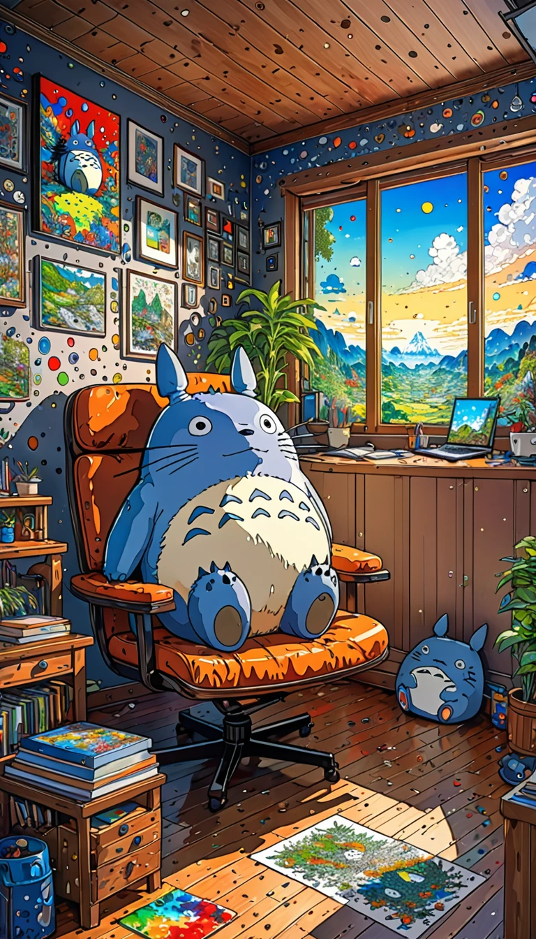 Takashi Murakami Style,(((Totoro))),study,(((Dozing off while sitting on a chair))), 8K Quality,Intense watercolor, Detailed watercolor art, Watercolor splash, Surreal, avant-garde pop art, Beautiful and expressive paintings, Beautiful artwork illustration, Very colorful tones, wonderful, Cool beauty, highest quality,Official Art, Vector art, Stylish design, ((Totoro)),(((dozing off1.9))), (((den1.9))),in the room, (((highest quality))), HDR, ((detailed)), (((Doodle Art)), ((masterpiece)), ((Super detailed)), (((Stylish))),