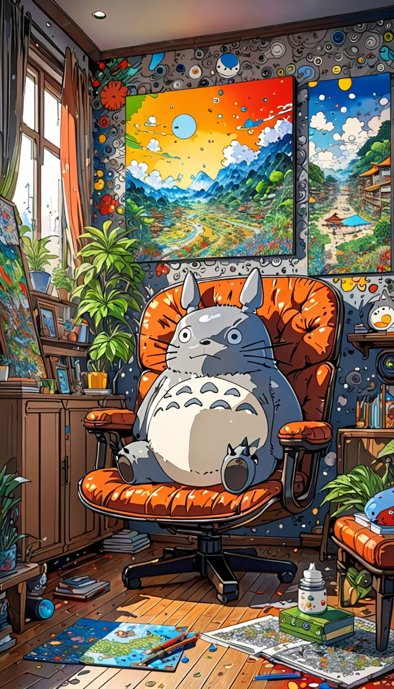 Takashi Murakami Style,(((Totoro))),study,(((Dozing off while sitting on a chair))), 8K Quality,Intense watercolor, Detailed watercolor art, Watercolor splash, Surreal, avant-garde pop art, Beautiful and expressive paintings, Beautiful artwork illustration, Very colorful tones, wonderful, Cool beauty, highest quality,Official Art, Vector art, Stylish design, ((Totoro)),(((dozing off1.9))), (((den1.9))),in the room, (((highest quality))), HDR, ((detailed)), (((Doodle Art)), ((masterpiece)), ((Super detailed)), (((Stylish))),