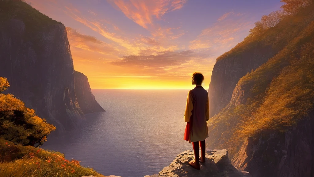 A warm and inviting final scene where the young man stands on the edge of a cliff at sunset, looking out at the horizon. The sky is painted in vibrant colors, with the sun dipping below the horizon. Below him, the landscape is bathed in a golden light. He is smiling, peaceful, and content, symbolizing his journey to inner peace. The image evokes a sense of closure and harmony.