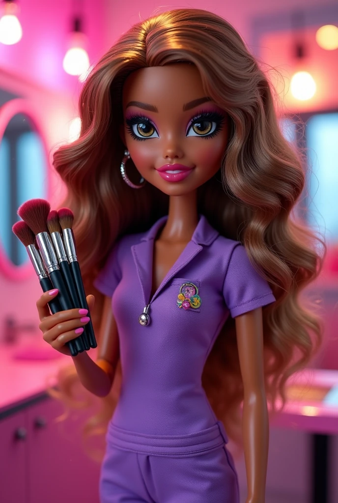 bratz doll, long light brown curly hair, dark brown eyes, with red lips, Purple surgical uniform, with makeup beochas in their hands