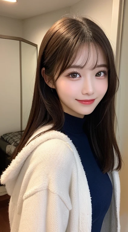 nsfw,Tabletop, Highest quality, shape, Very detailed, finely, High resolution, 8k wallpaper, 完璧なダイナミックな構shape, Beautiful and detailed, Tokyo Trend Knit Dress, Small breasts, Natural color lip,優しいsmile,20-year-old girl、Beautiful and elaborate face、Perfect and beautiful face,Big eyes、Beautiful and elaborate face、Perfect and beautiful double eyelids、Blur the background、Perfect and beautiful face、Feminine poses、Blur the background、Slim face and figure、Blur the background、Straight hair、Wear a gorgeous mink coat、Bedroom(Navy sheets)、Lying in bed、smile、Take close-up photos of your face、smile,Twin tail hair