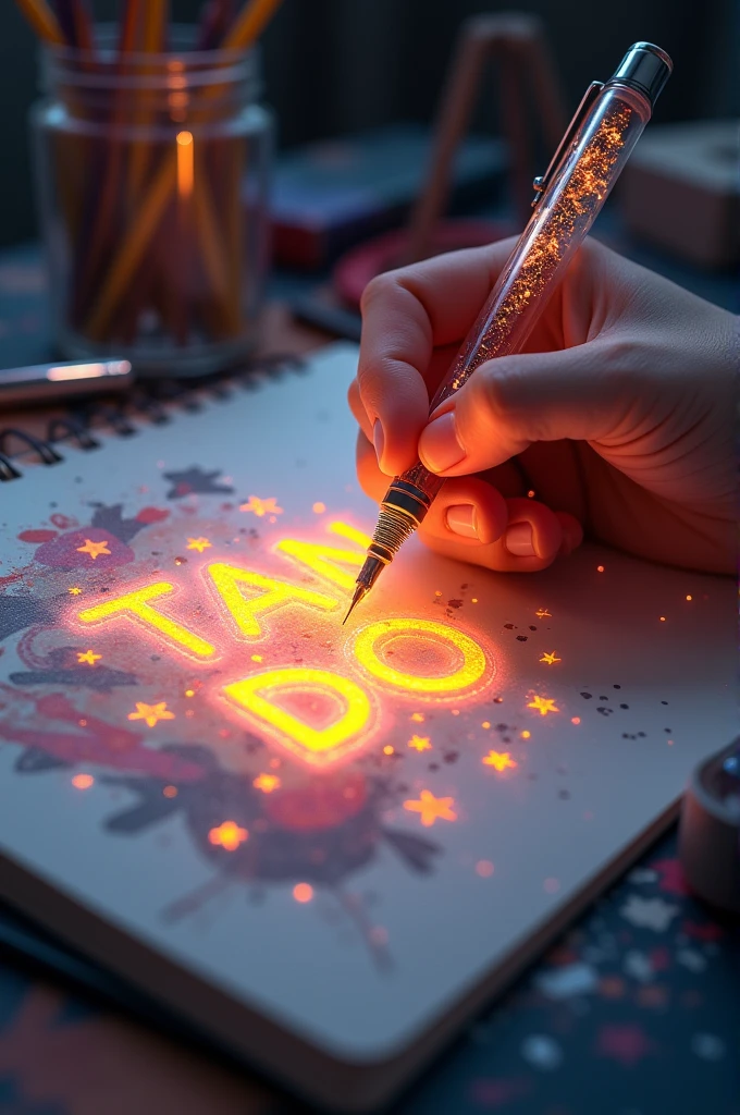 A mesmerizing, hyper-realistic 16K 3D illustration captures a magical moment of pure creativity. A talented artist is masterfully sketching a heartfelt message, "TAN DO", in a notebook. The text is composed of vibrant, color sepia stars that smoothly transition through the entire spectrum. The artist's hand, holding a transparent pen filled with radiant stars, is detailed exquisitely, symbolizing boundless creativity and imagination. The background is a three-dimensional sketchbook setting with scattered throughout, adding depth and dimension to this captivating, graffiti-inspired scene. The illustration radiates energy, movement, and vibrant colors, making it a true work of art that celebrates creativity and imagination., gra, cinematic, vibrant, graffiti, painting, typography, product, illustration, photo, 3d render, fashion, dark fantasy