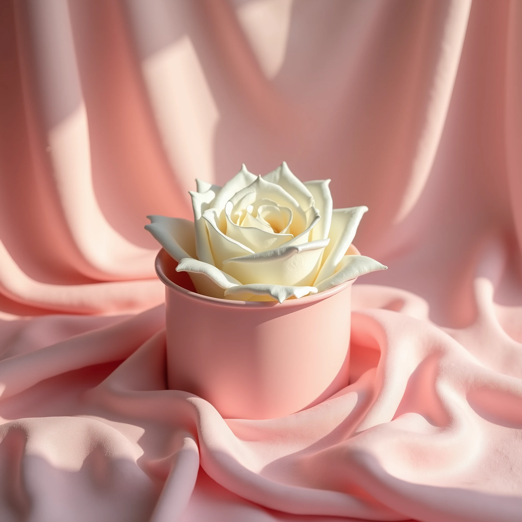 There is a pink container，There is a white rose inside，On pink cloth, Melancholy Rose Soft Light, Memes, Official product photos, soft colors Mononucleosis chromatic, Professional product photography, Official product images, With soft pink, Dramatic product shots, Synthetic biological skin, Mononucleosis, Professional product photos