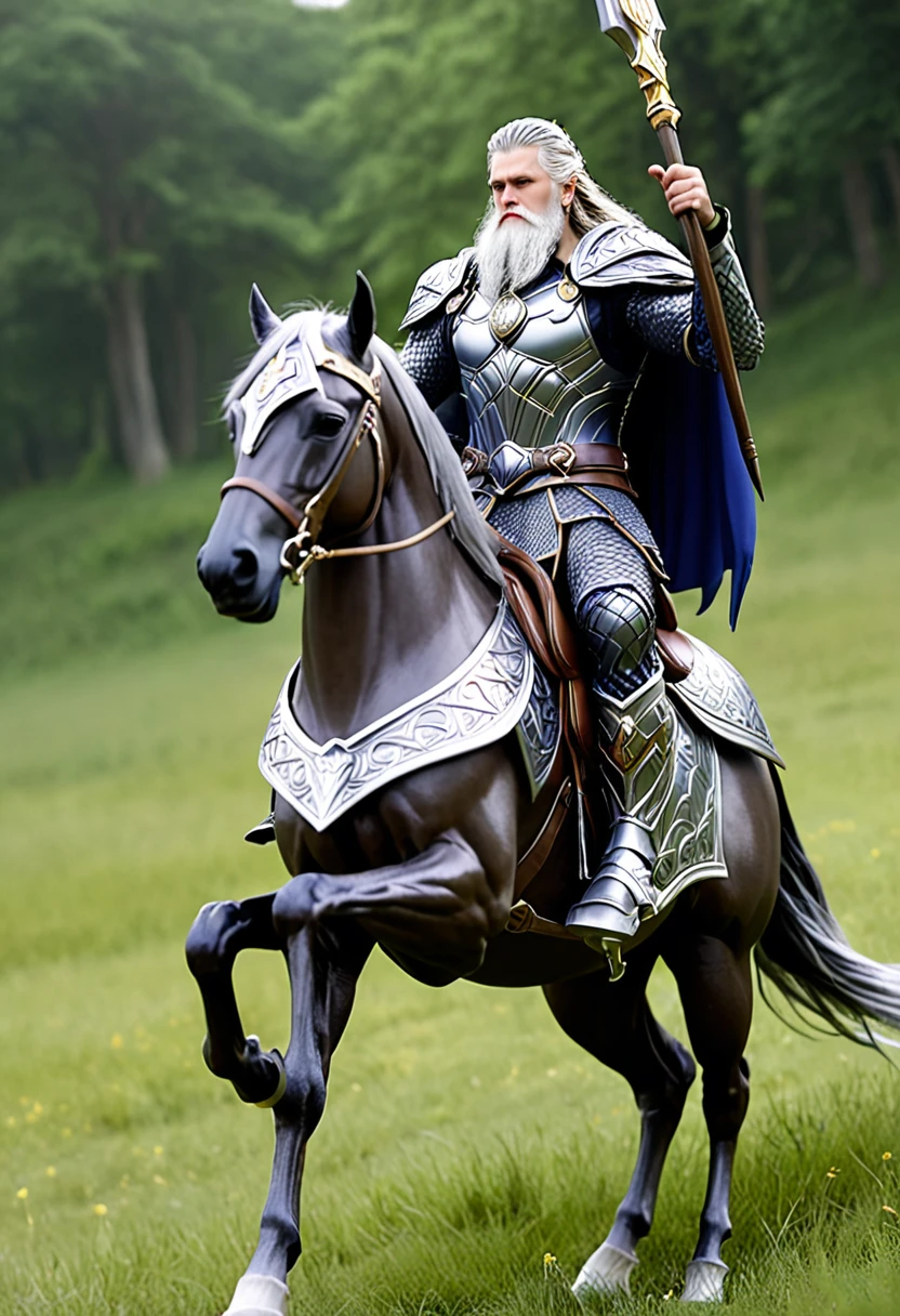 high quality、silver
、hero、Odin、Has a spear、Riding a horse、armor