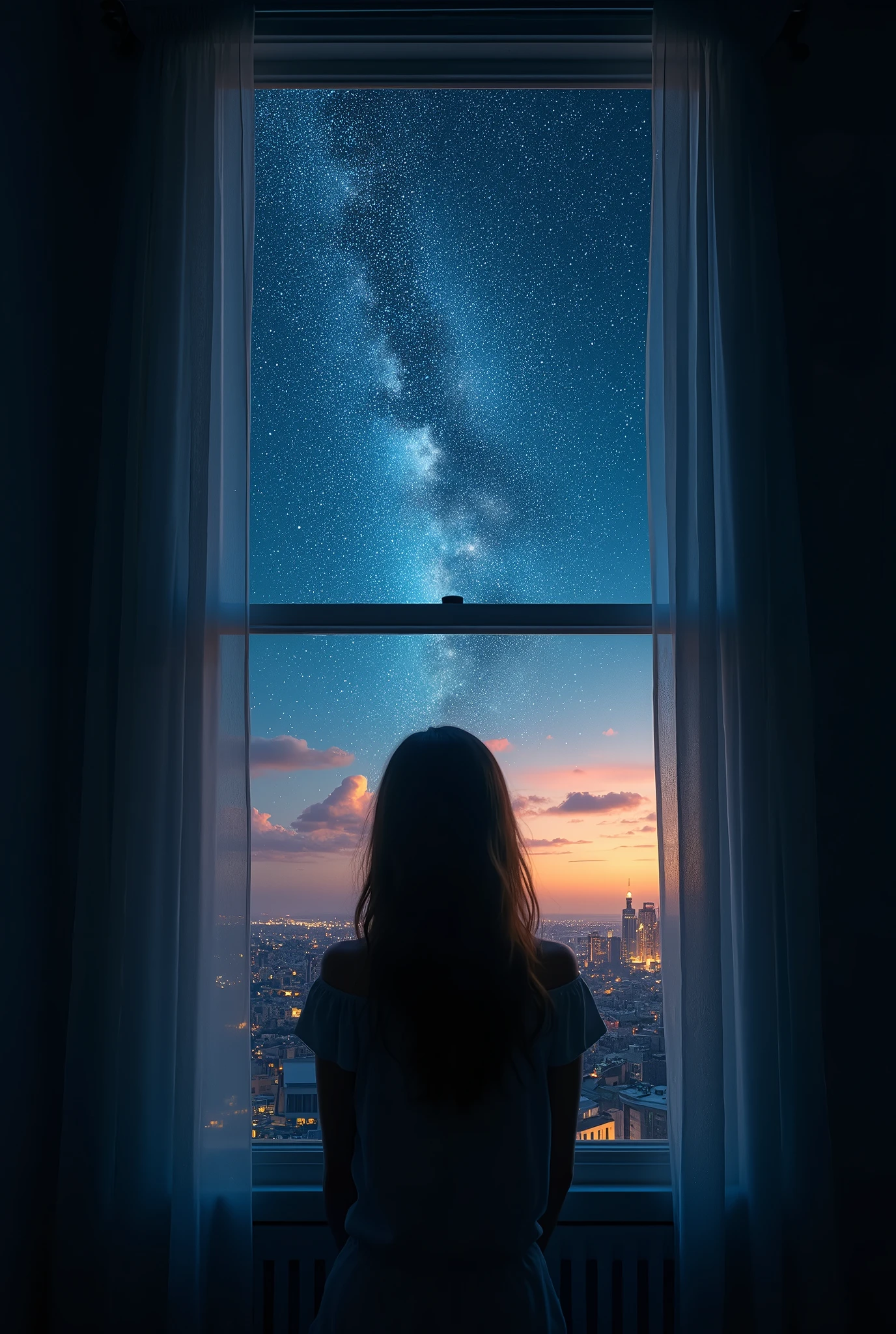 "Create an award-winning, semi-realistic image that emphasizes the breathtaking, luminous starry sky as seen through the window of a dimly lit room. The focus is on the vast expanse of stars, which shine with an almost magical luminosity, casting a soft, ethereal glow into the room. The city below is without electricity, allowing the stars to fill the sky with extraordinary clarity and brilliance, free from light pollution.
A beautiful female is visible in the foreground, her silhouette gently illuminated by the celestial light streaming through the window. Her serene gaze is directed upward, captivated by the radiant display of the night sky. The window frames the starry heavens, creating a striking contrast between the quiet, shadowed interior and the vast, awe-inspiring universe outside. The image should convey a sense of wonder and tranquility, with the magical luminosity of the stars filling the scene with an otherworldly light, creating an atmosphere of peaceful reflection and connection with the infinite."