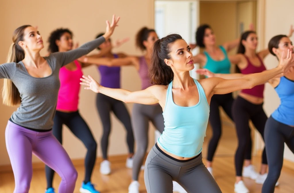 Women doing synchronized aerobics in the gym