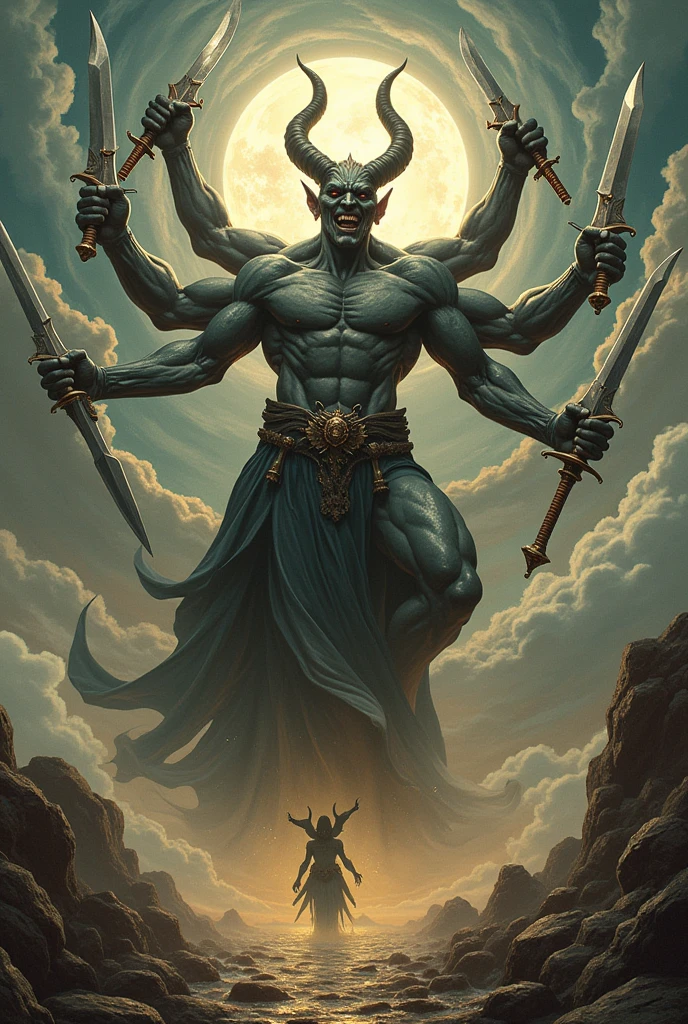 (photorealism:1.2), a demon with 1000 hands and muscular body, laughing confidently, he has different weapons in his hands, by Greg Rutkowski, by Alphonse Mucha