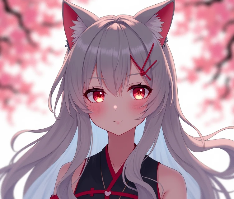 One person, Gray Hair,Red Eye,Japanese style,anime, anime風, Character portrait, Animal ears, Cat ear, 