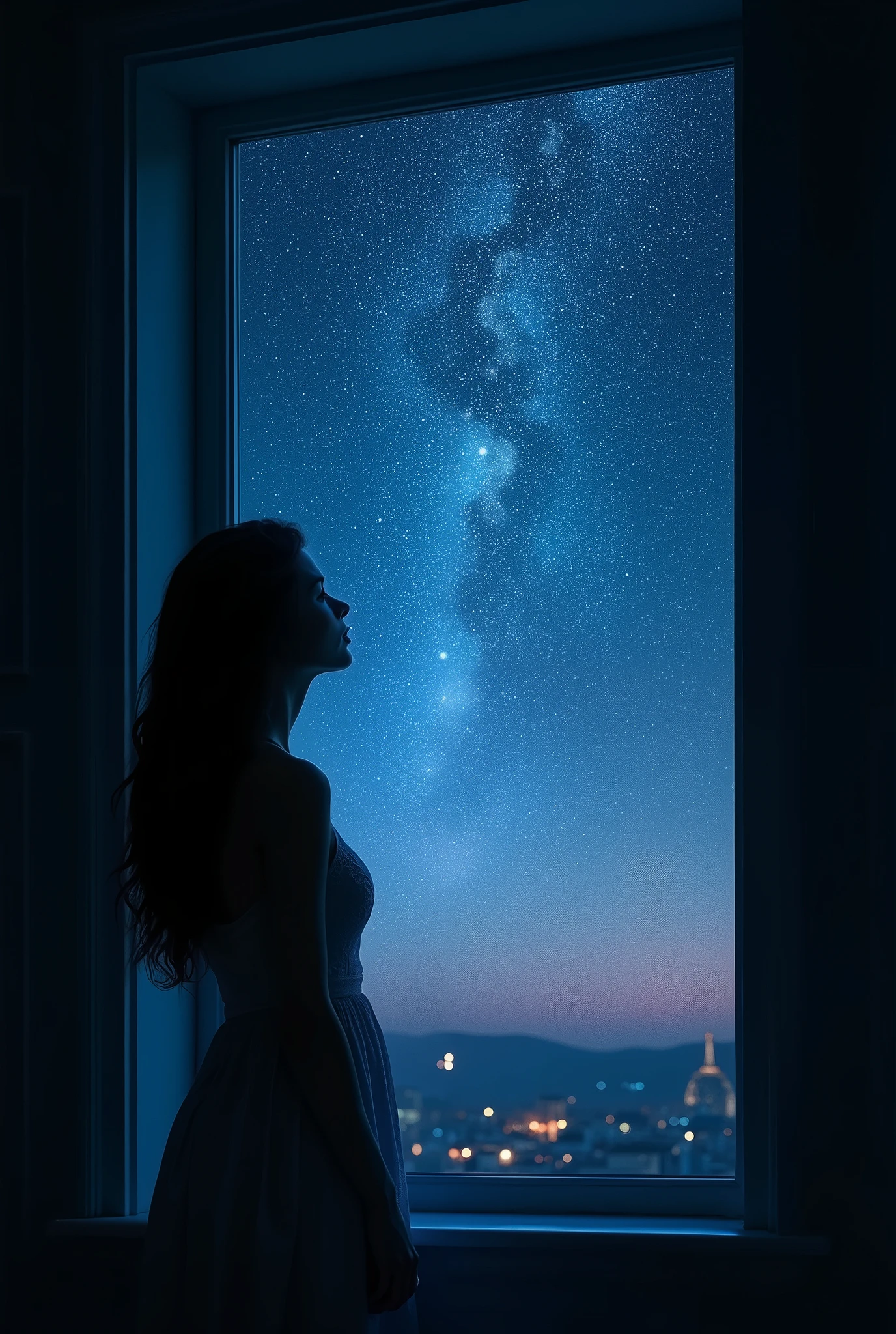 "Create an award-winning, semi-realistic image that emphasizes the breathtaking, luminous starry sky as seen through the window of a dimly lit room. The focus is on the vast expanse of stars, which shine with an almost magical luminosity, casting a soft, ethereal glow into the room. The city below is without electricity, allowing the stars to fill the sky with extraordinary clarity and brilliance, free from light pollution.

A beautiful female is visible in the foreground, her silhouette gently illuminated by the celestial light streaming through the window. Her serene gaze is directed upward, captivated by the radiant display of the night sky. The window frames the starry heavens, creating a striking contrast between the quiet, shadowed interior and the vast, awe-inspiring universe outside. The image should convey a sense of wonder and tranquility, with the magical luminosity of the stars filling the scene with an otherworldly light, creating an atmosphere of peaceful reflection and connection with the infinite."