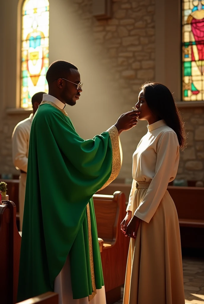An African catholic priest offering sacrament to a lady in skirt church.
He puts the sacrament to lady's mouth
Priest gown to be in green color
A man behind the lady observing the sacrament offering to the lady