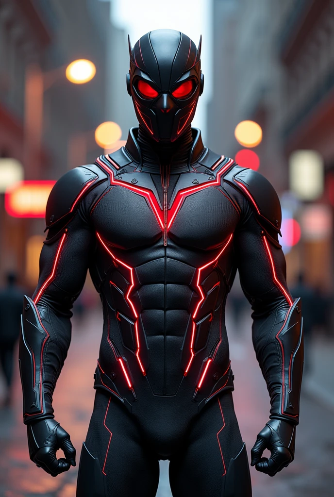 Photorealistic Image: {A superhero standing in the street, his costume made from advanced spandex and nanomaterials, providing him with flexibility and resilience. The base color of the costume is dark gray, with dynamic red accents highlighting his silhouette. White details are strategically placed, adding contrast and emphasizing key elements of the costume. His mask is dark gray with red and white accents, equipped with lenses that enhance vision and protect his identity. The costume includes flexible panels on the shoulders and legs, allowing for free movement and additional protection. Along the sleeves and legs are discreet reinforcements, aiding in the production and control of threads. The costume also features hidden pockets for accessories and a power system for his electrical abilities.}, Type of Image: Photograph, Camera: 35mm, Shot: Long Shot, Render Related Information: (4K:1.2), (HDR:1.1), (high resolution:1.2), (detailed:1.15), (sharp focus:1.1).