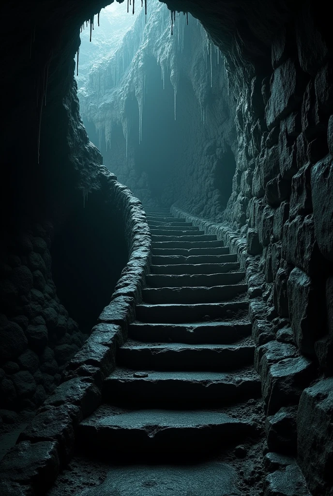 Very scary dark staircase in a dungeon cave leading to total darkness