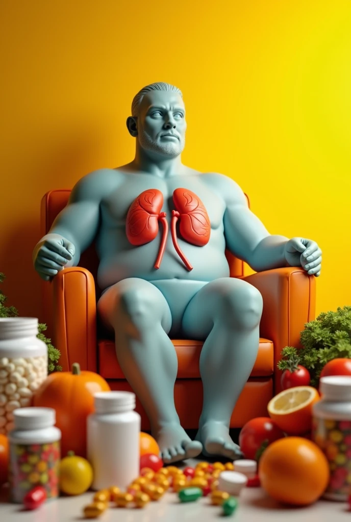 Plastic 3d model of 40 year big size  old Man sit on chair  side on pitcher human body kidney  big size On Man 
 , on the background
of medical jars with vitamins and capsules,Fruits and vegetables 
real light  photo with yellow shades