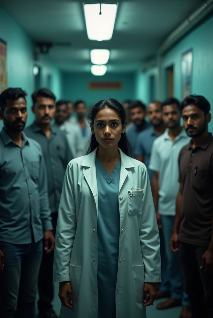 A poor indian lady doctor harassing in hospital by lots of man in dark hyper realistic