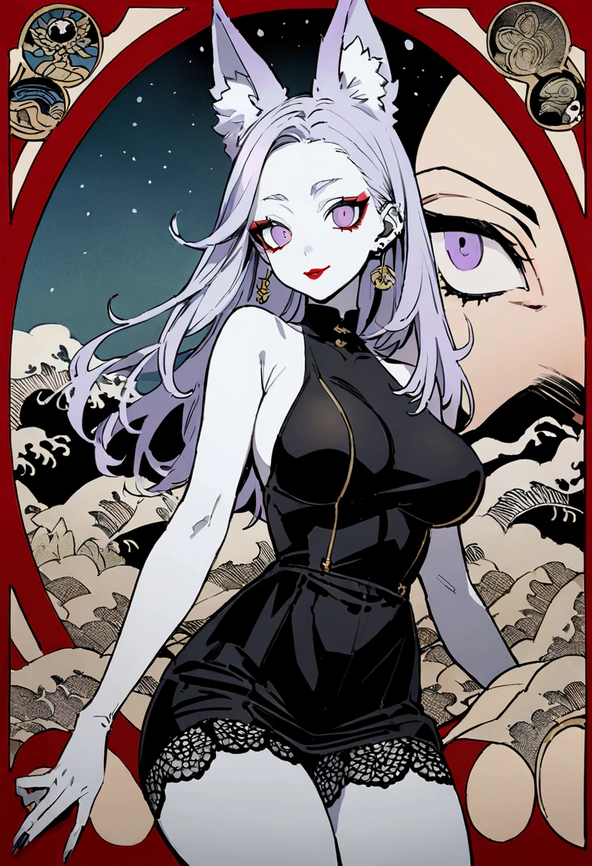 White skin, (Fox ears), looking at viewer, doe eyes, Exquisite eyes,Red Eyeshadow, Red lips,cute laugh, Ukiyo-e, masterpiece, high quality, at the lowest limit, Tiny,White boots，Huge breasts，Bare shoulders，，Lace，Lace stockings，Lace skirt, tokyo revengers, Hair color (light lilac)short, lavender eye color, a small cross earring in the left ear, tokyo revengers the nickname twin dragon