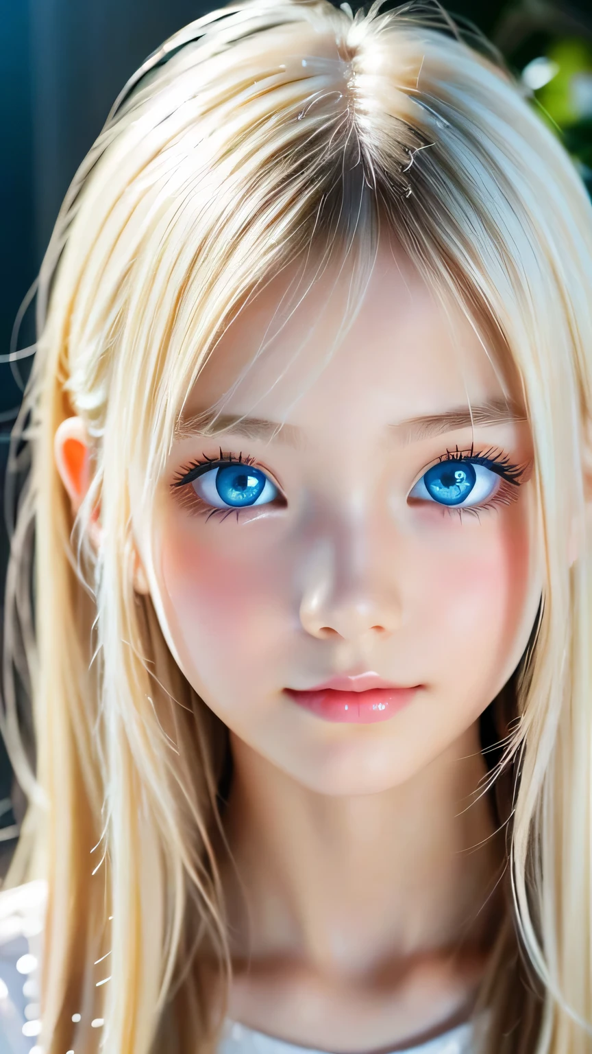 Portraiture、、Bright expression、ponytail、beautiful disheveled bangs、Bangs between the eyes、Bang to the face、young, Shiny, white, Glowing Skin、Terrible face、Cheek gloss highlighter、The ultimate beauty、Blonde reflection、Platinum blonde hair with dazzling highlights、Shiny bright hair,、Super long, silky straight hair、Shiny beautiful bangs、Charm, Shining beautifully, Very bright, Bright Blue Eyes、Very big eyes、Very beautiful lovely cute 15 year old beautiful、Bust of a Rich Man、Small Face Beauty、