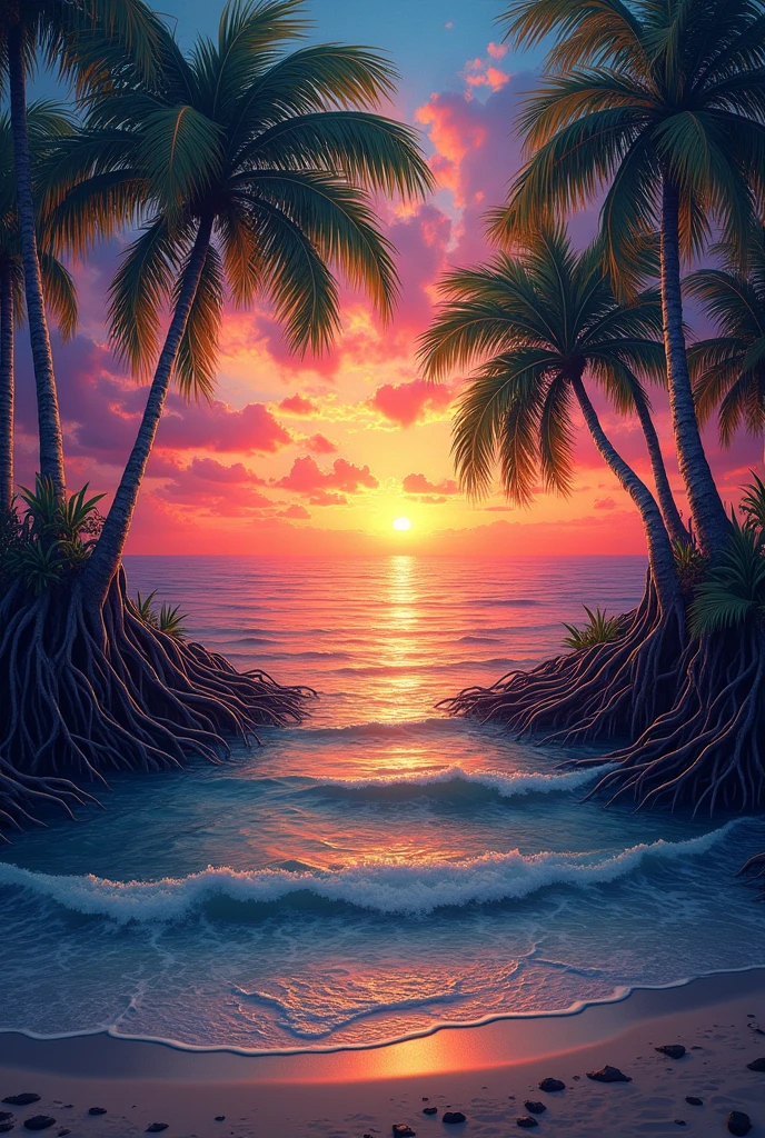 A mural for a wall with sunset and mangrove