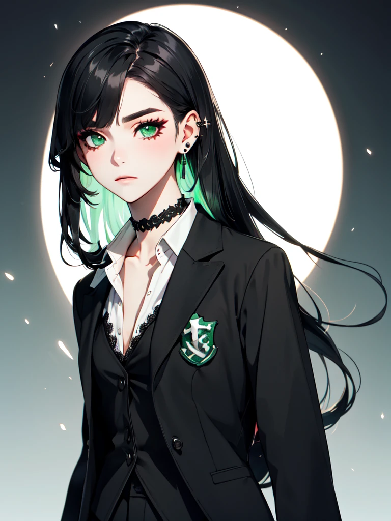 emo_hairstyle, ((tight black suit)), (black lace blazer), black tie, ((long hair)), ((straight hair)), (((black hair))), side swept bangs, white skin, pale, white, (green eye), tired expression, choker, ((dark makeup, mascara, eyeshadow)), multiple piercings, best quality, 8k, dark laboratory, dim lighting, white shirt, erotic, slytherin
