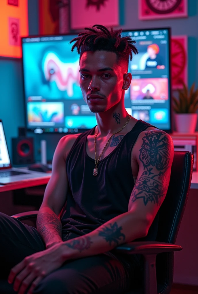 Avatar noir dans un studio youtube avec une télé, un ordinateur et qui fait face à la camera le visage très visible