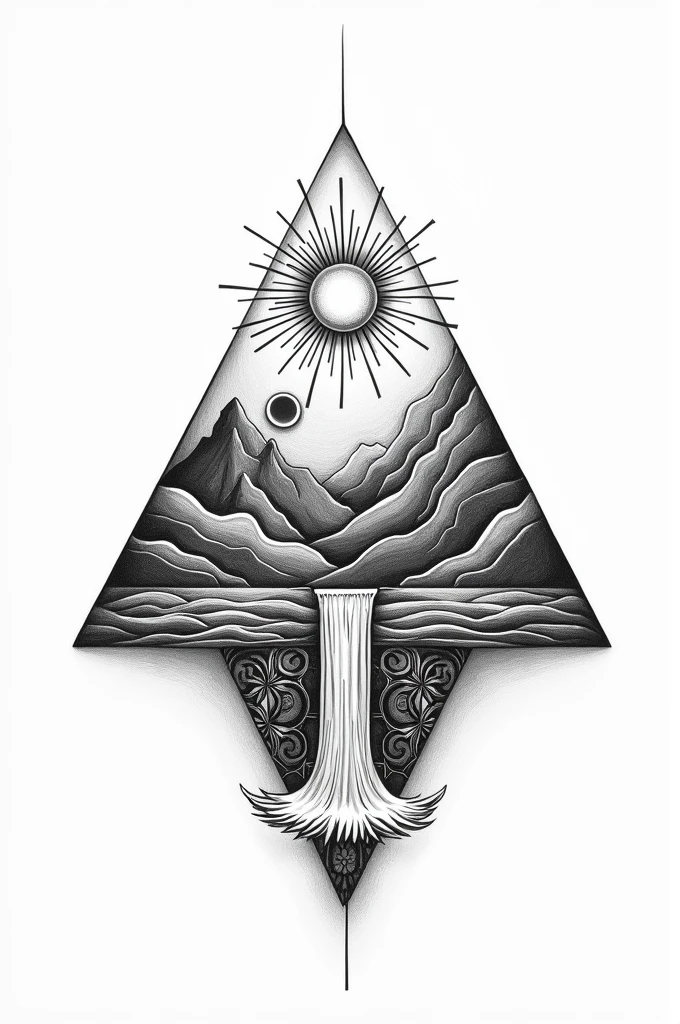 The image is a black and white drawing of a geometric design that includes a sun, moon, mountains, waves, and a waterfall. The elements are arranged in a triangular pattern.
The image may be called something like "Geometric Nature," "Elements of Nature," or "Triangle Nature." Bali style