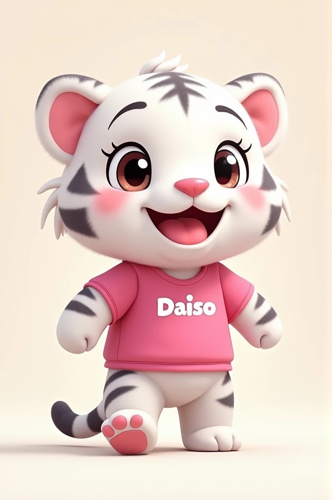 Create a 2D illustration of a cute and charismatic white tiger mascot for a store named 'Daiso'. The tiger should have large, expressive eyes and a friendly, approachable expression. It should be primarily white with subtle gray stripes and hints of soft pink in the ears and nose, adding a touch of warmth to the design. The tiger should be wearing a pink shirt with the hex color code #9e0d5c, and the 'Daiso' logo in bold white letters prominently displayed on the front. The design should be cartoonish with rounded features, vibrant colors, and a playful style that appeals to a broad audience, especially families and children. The background should be clean and simple, ensuring the focus remains on the tiger mascot, which should convey a sense of strength, elegance, and approachability.