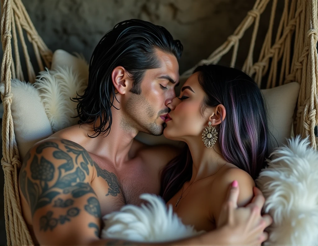 Long shot full view of a liberal naked couple sitting in a hammock with comfortable cushions kissing inside a cave with falling feathers, hombre desnudo con musculatura cabello negro humedecido ojos grises seductive look labios carnosos earrings piercing tatuado besando en abrazo a mujer desnuda, delicate woman, model face,diamond shape, grey-blue eyes, black shadow, seductive look, long black hair with pink and white highlights, SEPTUM,earrings, tattooed the two nudes without clothes making love