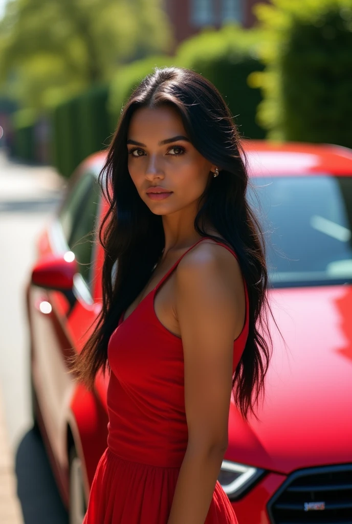 Generate a stunning bold female model with classic Indian features. She is 5’8” tall with fair, flawless skin and long, flowing black hair weight 60kg. Her eyes are large and expressive, with a warm brown color, framed by thick lashes. She has high cheekbones, a well-defined jawline, and full lips with a natural pink hue that enhances her beauty, standing far away from the blue car
Posing next to Audi sedan car in red color
The car image must be visible