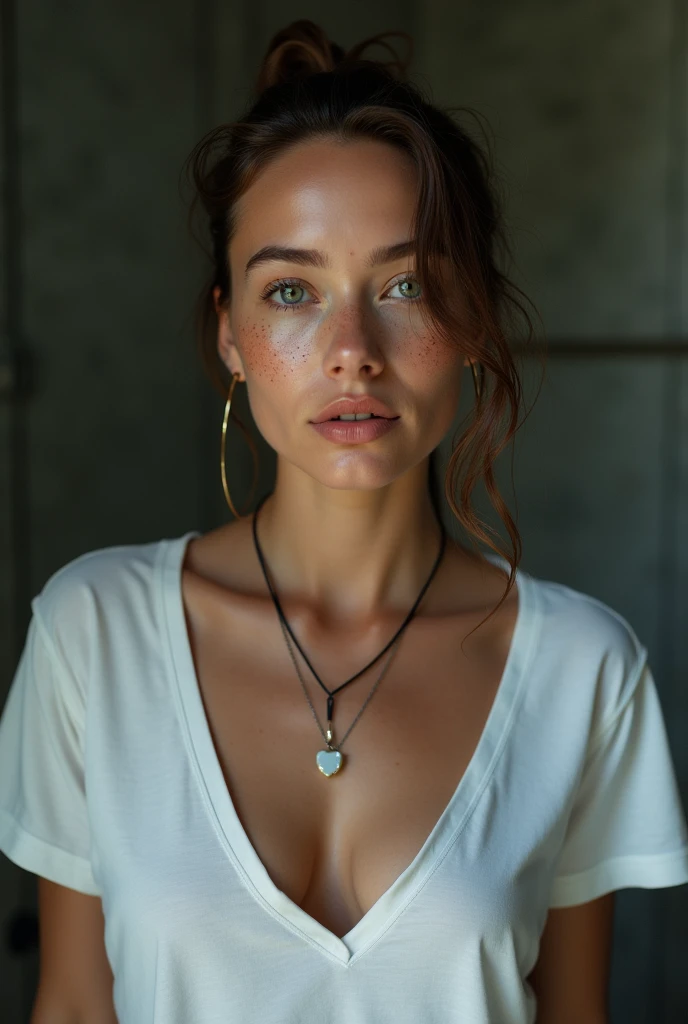 (masterpiece, Realistic:1.4, Very complicated:1.3, Radio City, Photon Mapping, dtx, 8k), ((((Close-up necklace, White T-shirt, Humidity, [Medium chest:Large Breasts:0.8])), Humidity, [Skin Details:freckles:0.7], nature, 19 year old supermodel), Dark Room, ((Stone shower, Glass shower, clean)))
