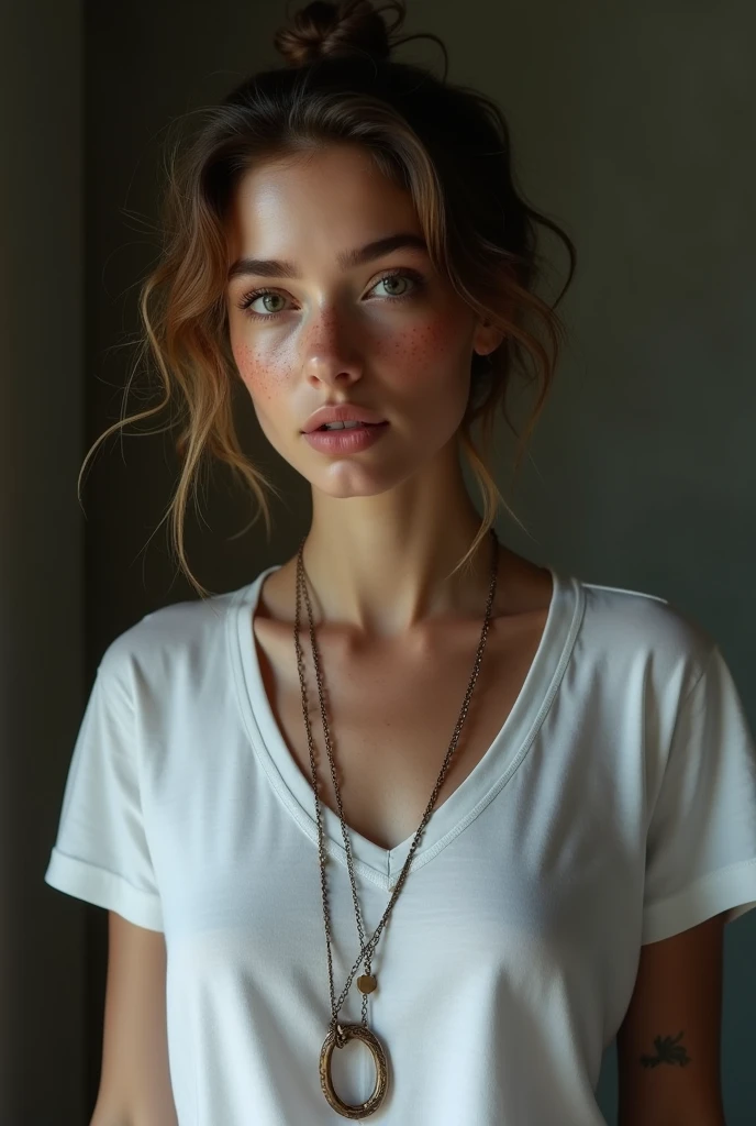 (masterpiece, Realistic:1.4, Very complicated:1.3, Radio City, Photon Mapping, dtx, 8k), ((((Close-up necklace, White T-shirt, Humidity, [Medium chest:Large Breasts:0.8])), Humidity, [Skin Details:freckles:0.7], nature, 19 year old supermodel), Dark Room, ((Stone shower, Glass shower, clean)))
