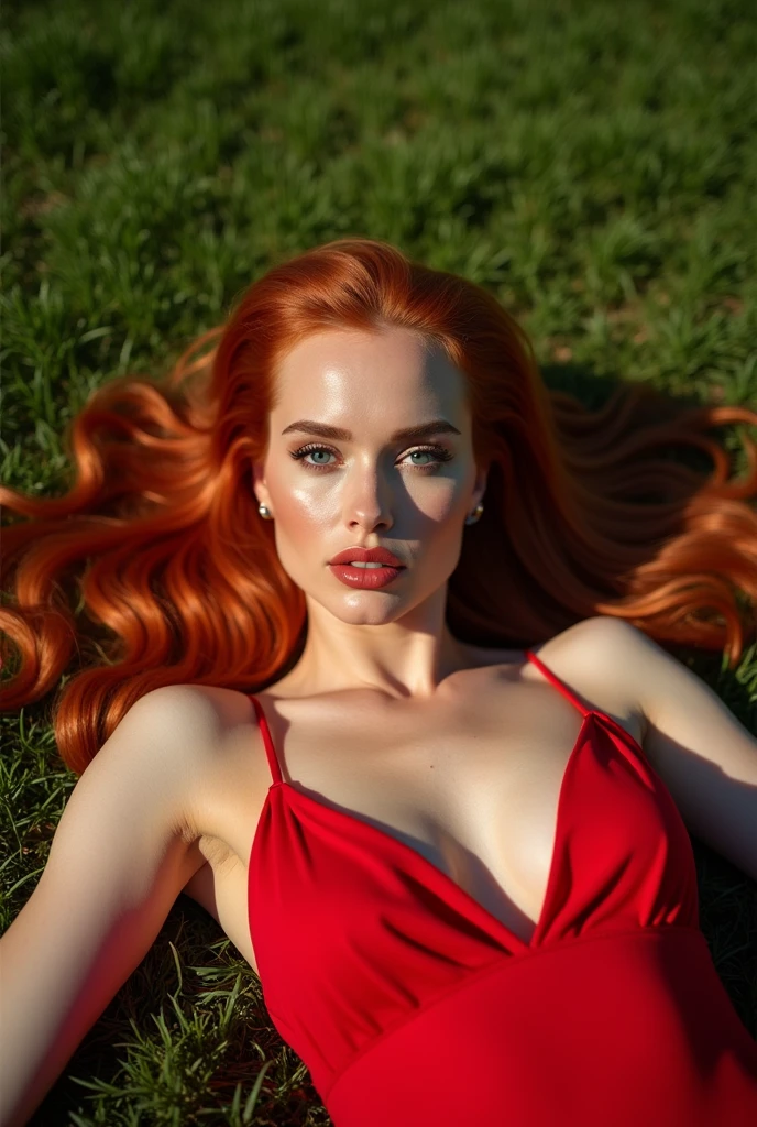 Portrait selfie d&#39;Amy Adams allongée sur l&#39;herbe, Jambes grandes ouvertes, cheveux roux, ,(chef-d&#39;œuvre), Réaliste, Beau visage, lumière du soleil, lumière cinématographique, Beaux yeux, Anatomie parfaite, très mignon, yeux de princesse , (Yeux noirs) , (encadrer la tête), Image centrée, stylisé, 8 grandeur nature,Résolution 8k, mains humaines, je me demande plein, élégant, approcher de la perfection, dynamique, très détaillé, art conceptuel, lisse, pose sexy, incroyablement belle, coiffure détaillée, robe rouge, énorme poitrine, poitrine ouverte, Poitrine parfaite, poitrine suspendue, poitrine pointue, grosse poitrine, énorme cul, aux MALDIVES