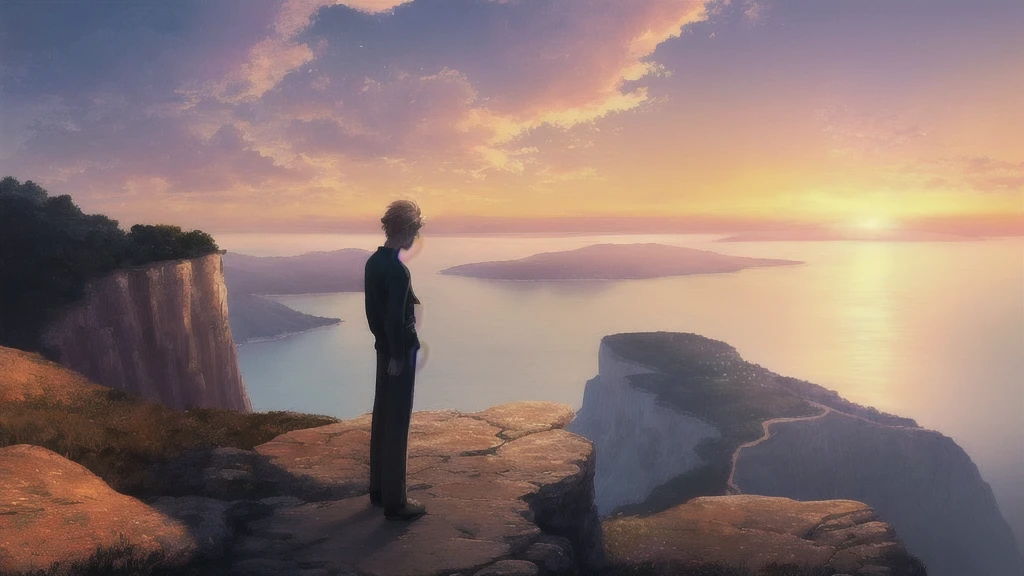 A warm and inviting final scene where the young man stands on the edge of a cliff at sunset, looking out at the horizon. The sky is painted in vibrant colors, with the sun dipping below the horizon. Below him, the landscape is bathed in a golden light. He is smiling, peaceful, and content, symbolizing his journey to inner peace. The image evokes a sense of closure and harmony.