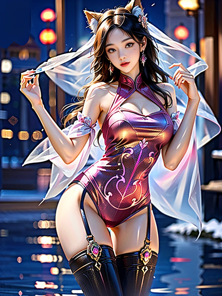 A beauty, (Race:Chinese),((night, moonlight, On the bus, rainstorm)), (8K Ultra HD, 8K, Ultra-high resolution, best quality, masterpiece, Surrealism, Digital SLR Camera, Soft Light, Bokeh, Masterpieces), ((((Beautiful model-like face))), ((Creating the image of a real girl)), warm light, Realistic shadows, Dynamic poses, Elegant Posture, Cowboy lens, Full body front view, Be confident, Body facing the camera, Standing facing the camera, Open your legs slightly, Golden Ratio Graphics, Minimalism, Center the character), (Happy smile, Big watery eyes, Cherry Blossom, Balanced Eyes, Perfect beautiful face, Normal facial features, Realistic skin, Attention to skin details, Skin is clean and radiant, Anatomically correct body, Hourglass figure, cosmetic, Gloves, earrings, bracelet, necklace, Jewelry, veil, Hair accessories, Headdress, shawl), ((beautiful hair), Dark brown hair, Big wavy curly hairstyle, Waist-length hair, Messy Hairstyle, Gradient hairstyles, Cyberpunk hairstyle), ((Transparent clothes：1.5), (Color of clothes: Pink), Ultra-revealing clothing, (Sexy的, Perfect breast shape, Teardrop chest shape, Snow-white breasts, very detailed breasts, 36C cups), (Tempting, Super high waist, Deep V, Low-cut, Sexy, Flattering, Open crotch, (Camel toe, High fork strangulation)), (sock, Knee socks, 吊garter, Leg ring, garter, 腿部garter), (style:Sexy,Mature), (Wet body:1.0) , (Wet clothes:1.0), (clothes pattern: line)